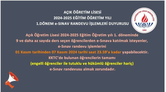 Açık Öğretim Lisesi Öğrencileri için e-Sınav randevu işlemleri başladı