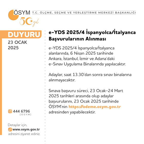 e-YDS 2025/4 İspanyolca ve İtalyanca Sınavı başvuruları başladı