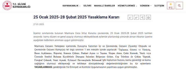 Silivri Kaymakamlığı'ndan Marmara Cezaevi çevresinde yasak kararı