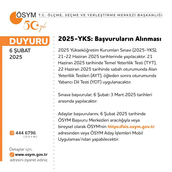 2025 yılı YKS Başvuru işlemleri başladı