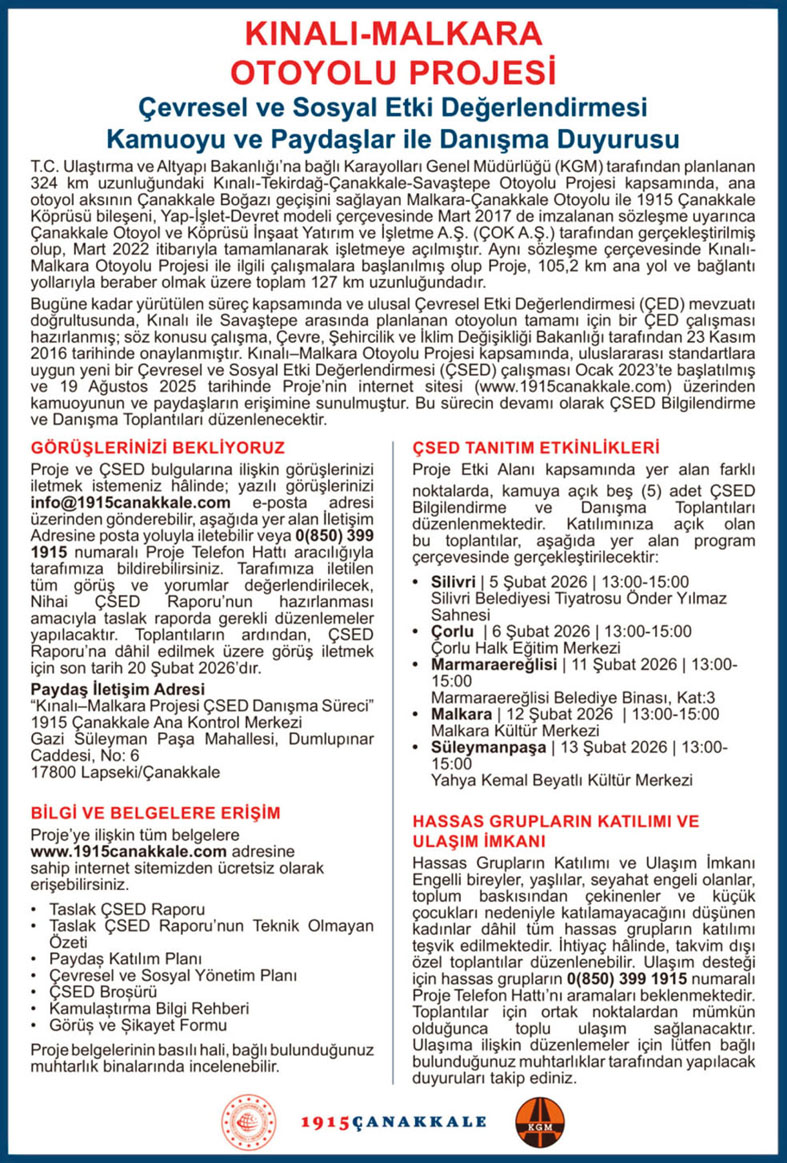 Kınalı–Malkara Otoyolu ÇSED süreci Silivri’de kamuoyuna tanıtılıyor Kınalı–Malkara Otoyolu ÇSED süreci Silivri’de kamuoyuna tanıtılıyor