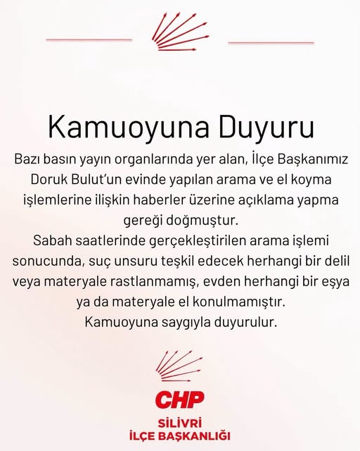 Silivri CHP’den Doruk Bulut açıklaması: Evden hiçbir eşya ya da materyale el konulmadı Silivri CHP’den Doruk Bulut açıklaması: Evden hiçbir eşya ya da materyale el konulmadı