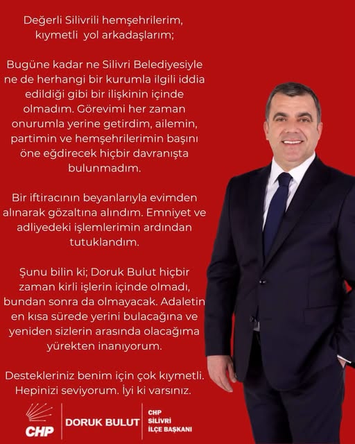 Silivri CHP İlçe Başkanı Doruk Bulut’tan tutuklanmasının ardından ilk mesaj Silivri CHP İlçe Başkanı Doruk Bulut’tan tutuklanmasının ardından ilk mesaj