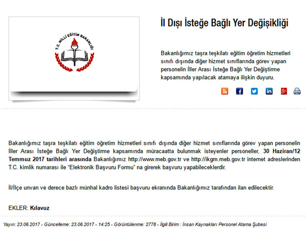 İl Dışı İsteğe Bağlı  Yer Değişikliği duyurusu