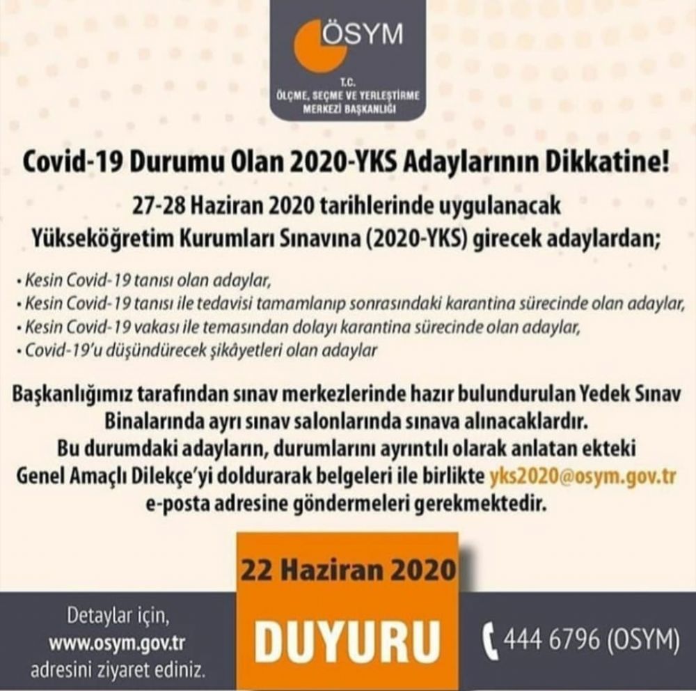 Covid-19 durumu olan 2020-YKS Adaylarının Dikkatine!