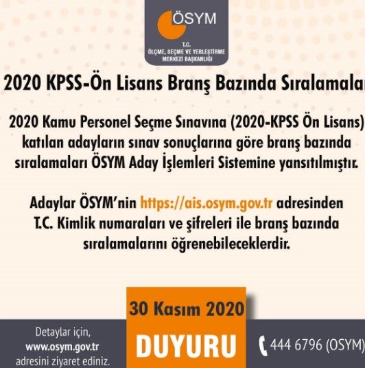 2020 KPSS-Ön Lisans branş bazında sıralamalar