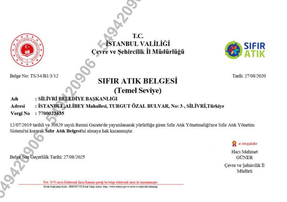 Silivri Belediyesi Sıfır Atık Belgesine layık görüldü