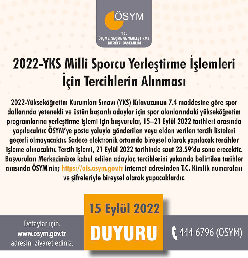 Milli Sporcu Yerleştirmeleri için tercihler alınıyor