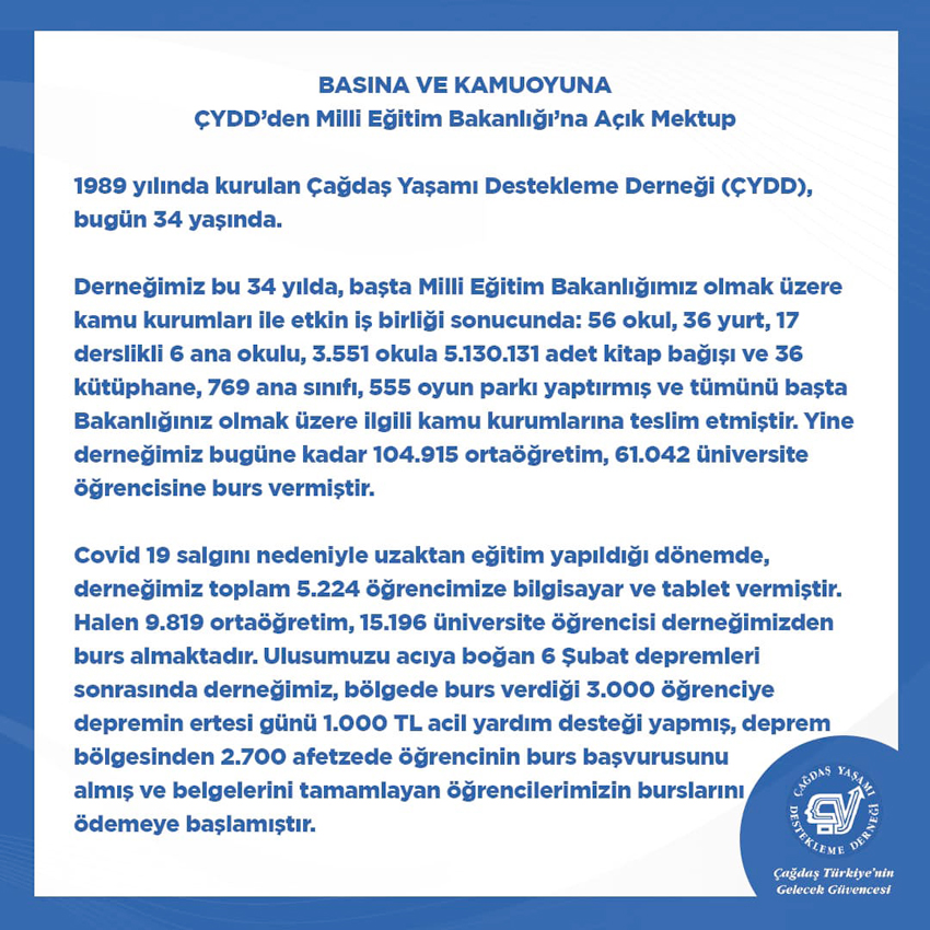 ÇYDD’den Milli Eğitim Bakanlığı’na açık mektup