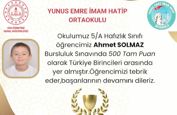 Yunus Emre öğrencilerinin Bursluluk Sınavı başarısı